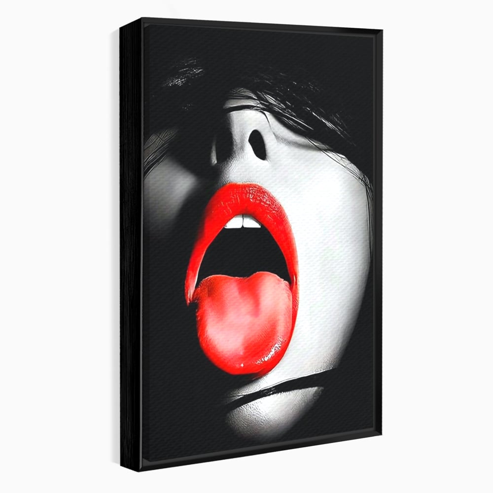 Tablou canvas cu tablou canvas cu buze si limba rosie, in rama de aluminiu negru